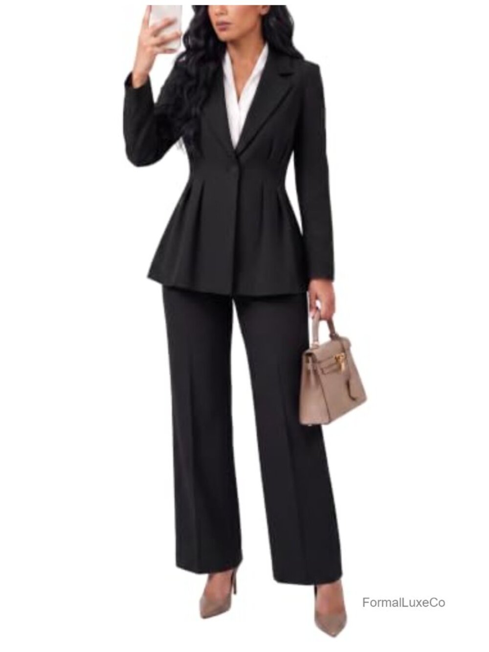 Women's Structured Peplum Blazer & Straight Leg Pantsuit Set